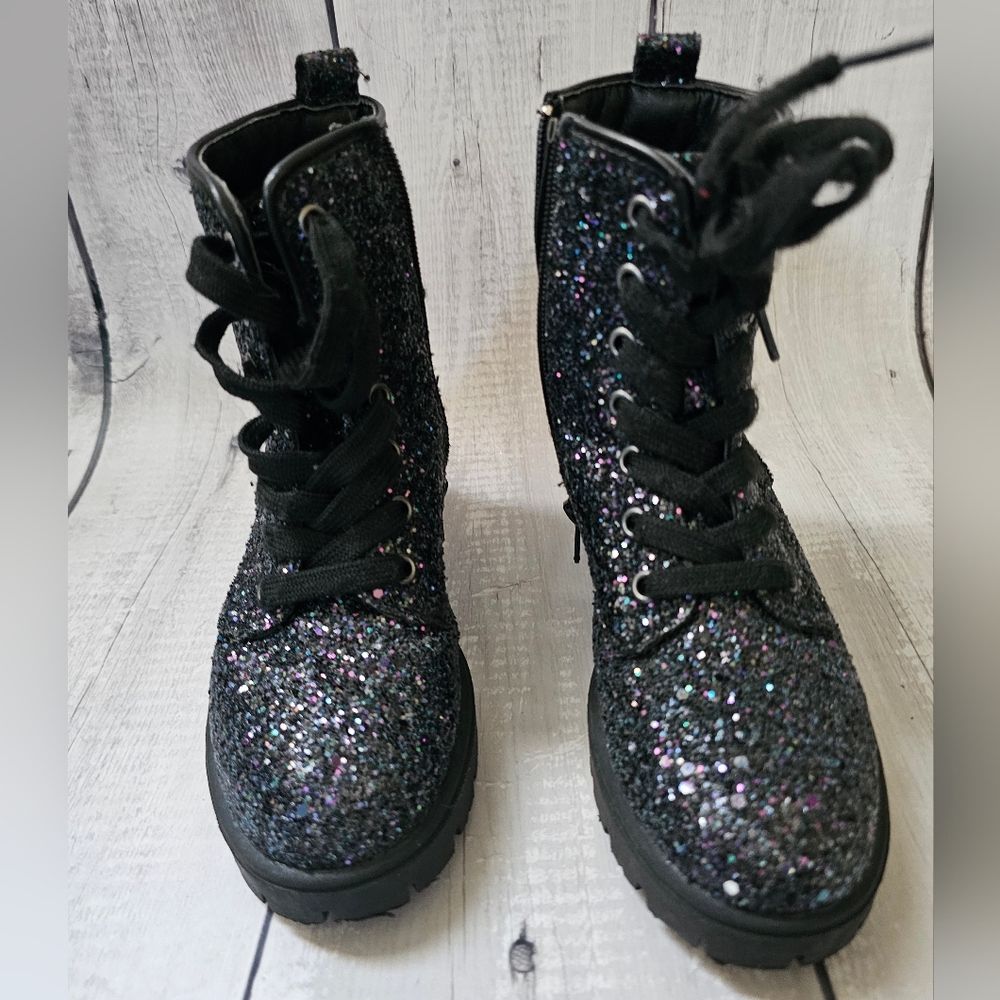 Portland Black Glitter Combat Boots